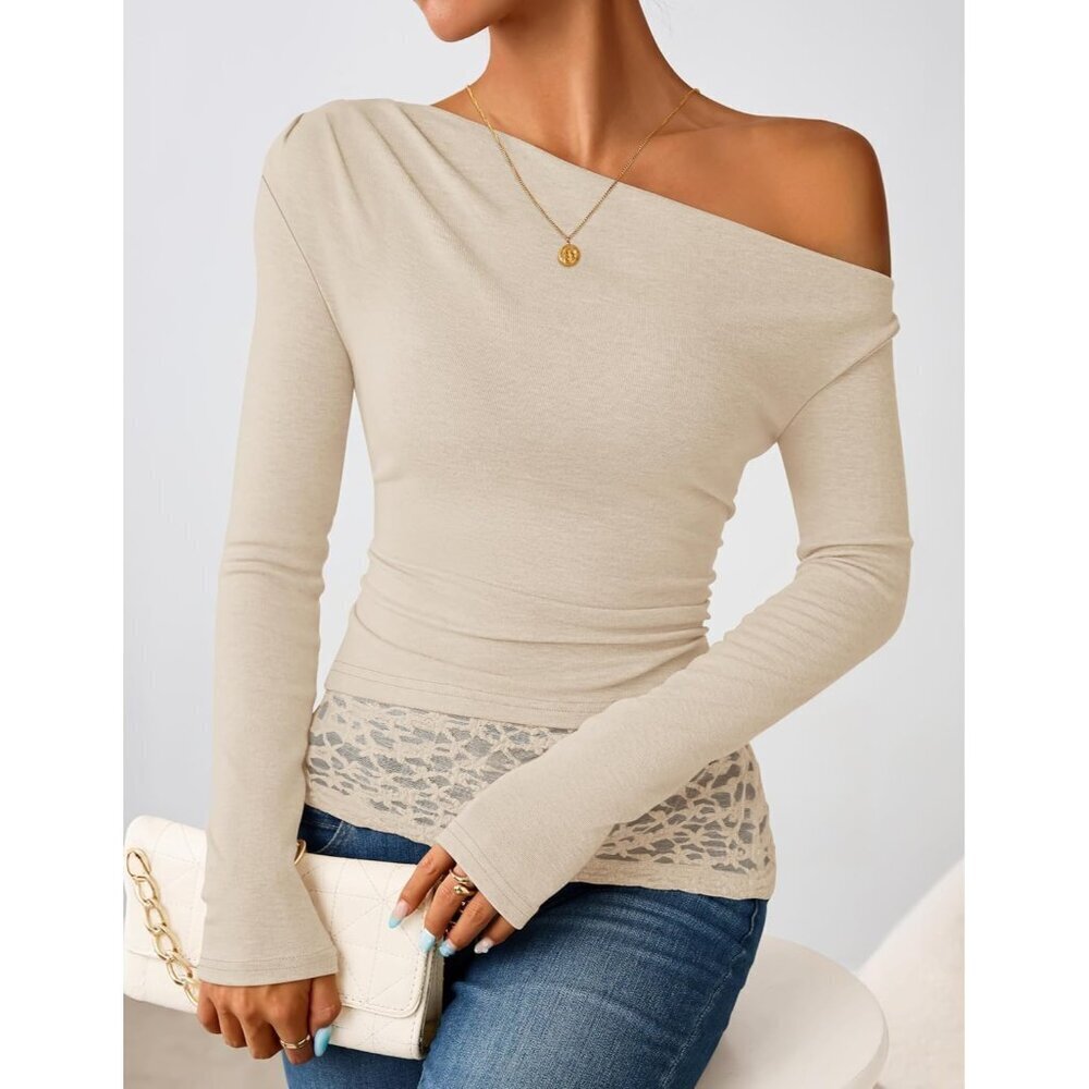 Women Apricot Long Sleeve Off Shoulder Tops Casual Boat Neck Lace Shirts Blouses